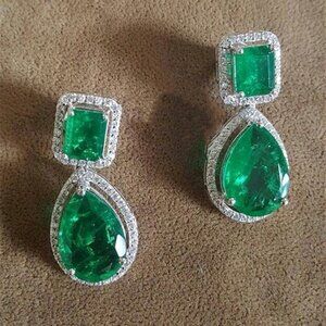 925 Silver Plated Pear Cut Emerald CZ Drop Dangle Earring for women